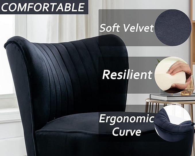 Velvet Accent Chair Set of 2 Comfy Living Room Chair Armless Slipper Chair Mid Century Side Single Sofa Chair with Golden Legs Wingback for Bedroom Guest Room, Black