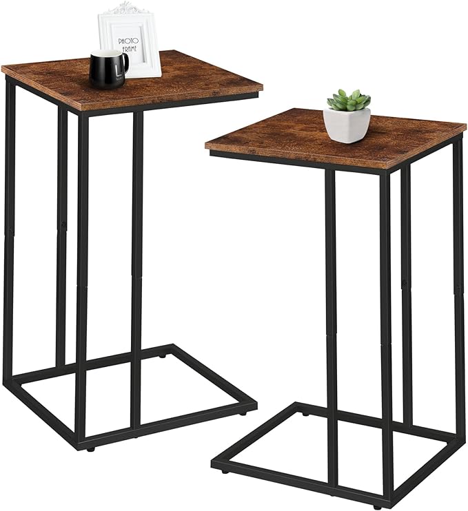 C Shaped Side Table Set of 2, Skinny Sofa Table for Sofa and Bed, Couch Tables That Slide Under, Small End Tables for Living Room, Bedroom or Small Spaces, Rustic Brown