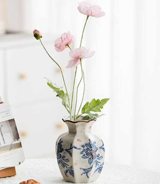 Blue and White Vase, Vintage Blue Ceramic Flower Vessel,Ceramic vases for Home Decor,Vintage Green and Beige for Console Table Mantle Chinoiserie Decor (Blue and White-02, Small)