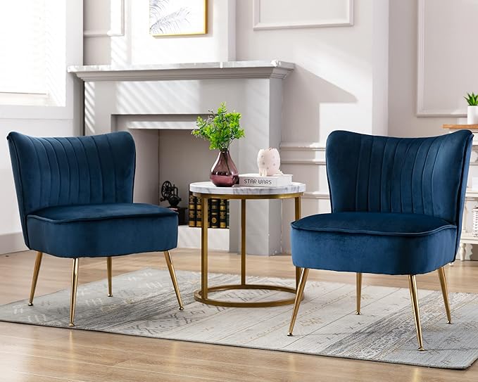 Velvet Accent Chair Set of 2 Comfy Living Room Chair Armless Slipper Chair Mid Century Side Single Sofa Chair with Golden Legs Wingback for Bedroom Guest Room, Blue