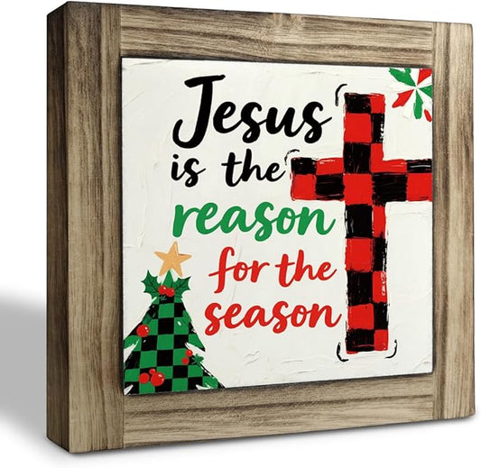 Christmas Decor Signs, Christian Artwork for Tabletop Decors, Farmhouse Home Office Decor, Decorative Wooden Box Sign,Christmas Holiday Decoration Ornament, Jesus is the Reason for the Season Sign
