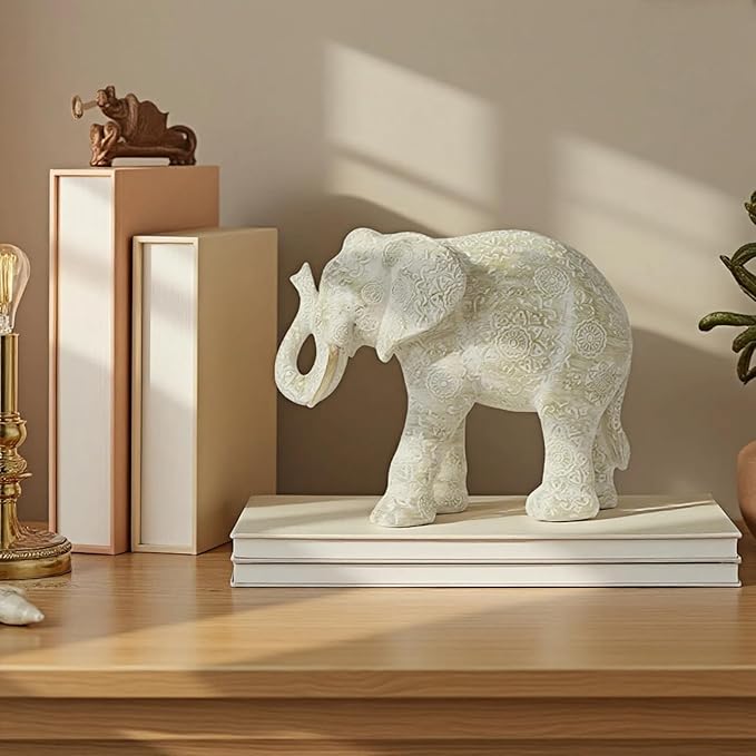 Guichifun Elephant Statues Decor Collectible Figurines - Cream Resin Boho Elephant Decoration Handmade Brings Good Luck Health for Living Room Shelf Office Gifts for Women 7.25 x 3.25 x 5.75 Inch
