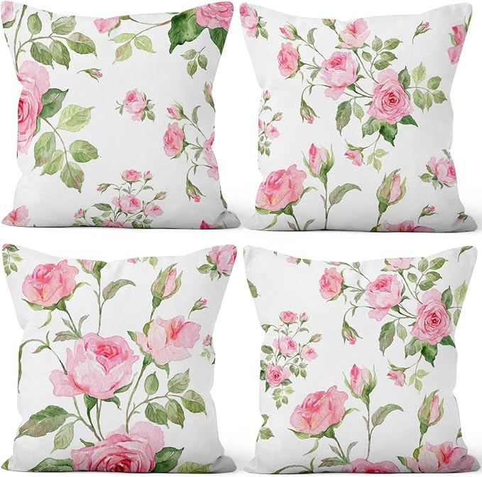 Pink Roses Throw Pillow Covers Set of 4 Blossom Flower Rustic Floral Green Leaves White Romantic Art Design Square Pillowcases for Chair Bed Outdoor Couch Bedroom Patio Farmhouse 24x24Inch