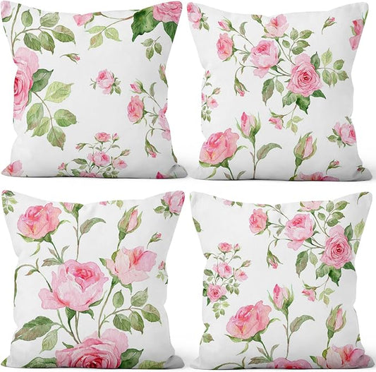 Pink Roses Throw Pillow Covers Set of 4 Blossom Flower Rustic Floral Green Leaves White Romantic Art Design Square Pillowcases for Chair Bed Outdoor Couch Bedroom Patio Farmhouse 24x24Inch