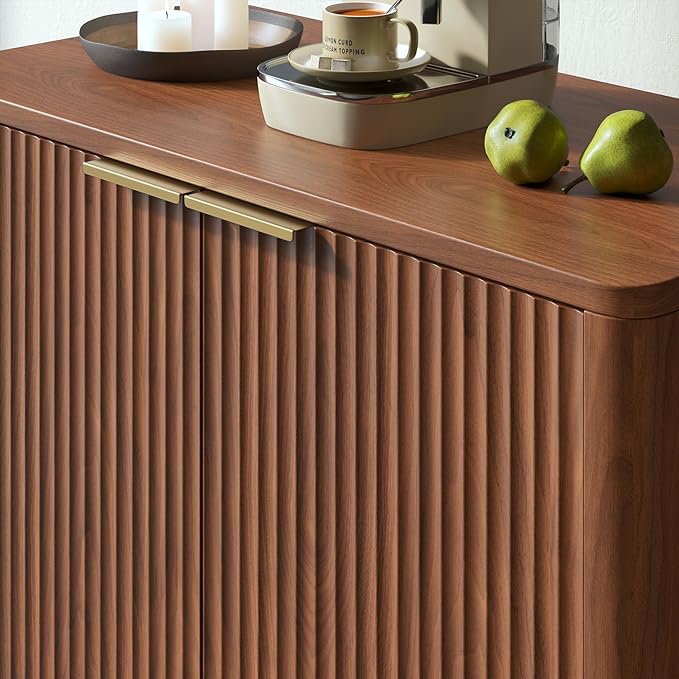 Evermagin 31.5" Walnut Buffet Cabinet with Storage, Fluted Sideboard Cabinet with Adjustable Shelves，Mid Century Modern Credenza, Console Table with 2 Doors for Dining Room, Kitchen, and Living Room