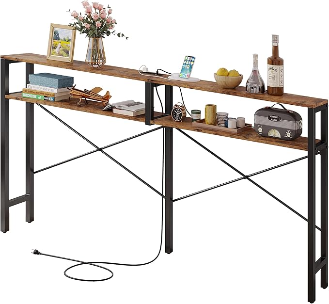 IRONCK Console Table with Power Outlet, Long Sofa Table with Shelves and X-Shaped Design, Narrow Sofa Entryway Behind Couch Table for Living Room and Hallway, Vintage Brown