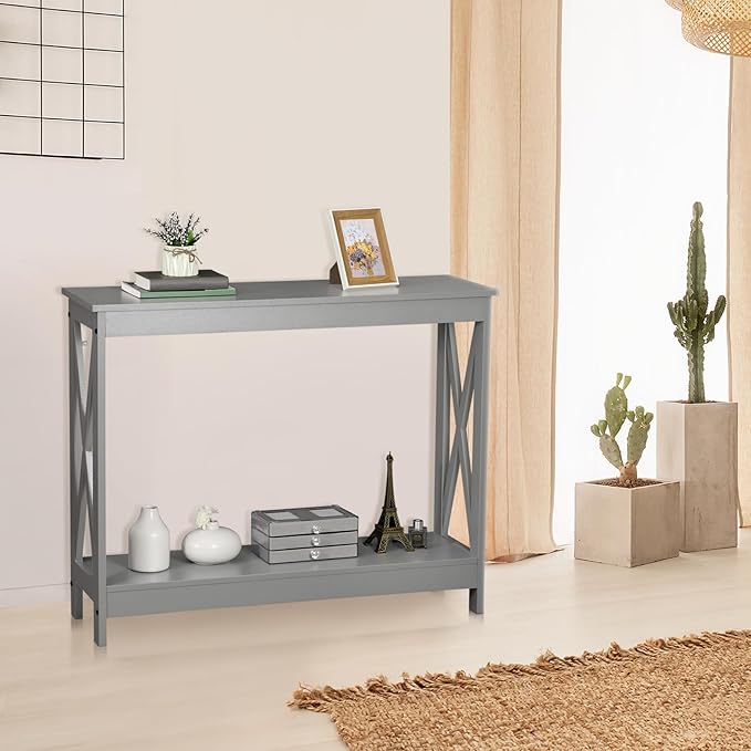 ZenStyle Sofa Side Console Table with 2 Storage Shelves Narrow Accent Table for Entryway/Hallway/Living Room, 39.3in L x 11.8in W x 31.6in H (Grey, 39.3 inch)