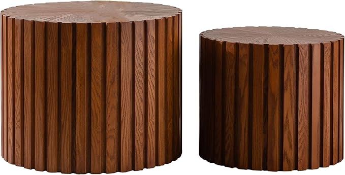 Nesting Coffee Table Set of 2, Modern Round Wooden Circle Accent Coffee Tables for Small Spaces Living Room Bedroom Balcony Office Drum Side Table