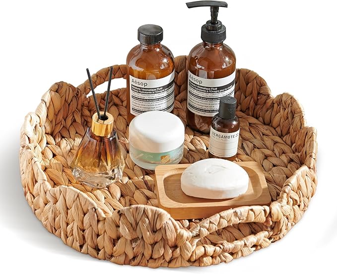 Scalloped Tray, 13.8" Large Round Basket Tray Wicker Rattan Serving Tray2 with Handles, Scallop Basket Table Décor Trays, Water Hyacinth Round Rattan Tray1 for Ottoman Decorative