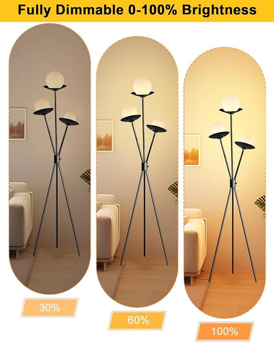Lightdot Tripod Floor Lamp Dimmable Globe Floor Lamps with 3 LED Bulbs, 3000K Soft Warmwhite Mid Century Modern Standing Lamps Black Tall Lamp for Living Room Bedroom