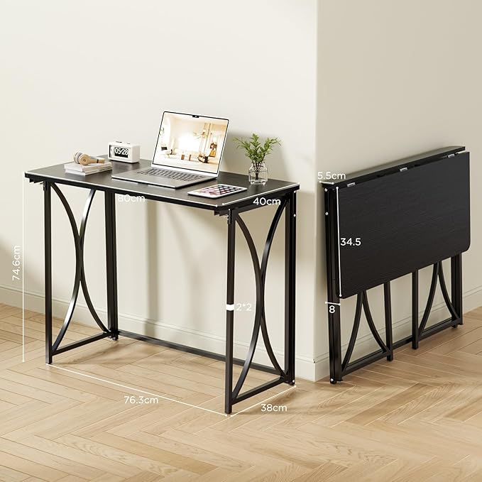 Folding Desk, 31.5" Small Desk for Bedroom, Space Saving Foldable Computer Desk for Home Office, Easy Assembly, Black