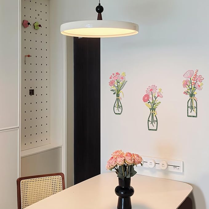 Iron Metal Vase Flower Wall Art Set of 3 - Minimalist Black Floral Decor for Living Room Bedroom Kitchen, Office Garden - Modern Farmhouse Home Decor & Housewarming Gifts (Green-Pink)