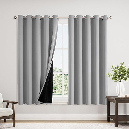 ChrisDowa 100% Blackout Curtains 63 inch Long for Bedroom with Black Liner, Extra Wide 2 Thick Layers Total Blackout Thermal Insulated Grommet Window Curtains 2 Panels Set (Light Grey, 60 x 63 Inch)