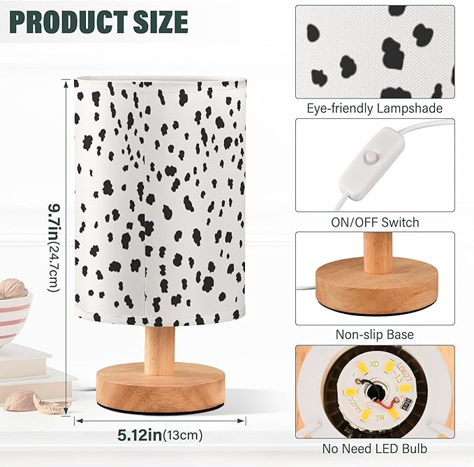 Table Lamp Dalmatian Pattern Animal Skin Print Nightstand Lamp with Wood Base Fabric Lamp Shade Bedside Desk Lamp for Living Room Bedroom Kids Room Office