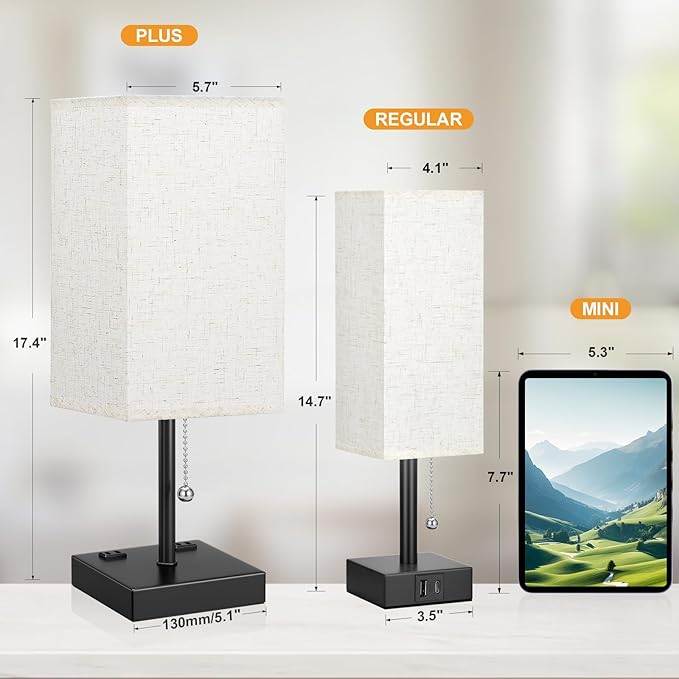 aooshine Beige Table Lamp for Bedroom - 3 Color Temperature 3000K 5000K 4000K Bedside Lamp, Pull Chain Control, USB A and C Ports, AC Outlets, Bulb Included, Medium