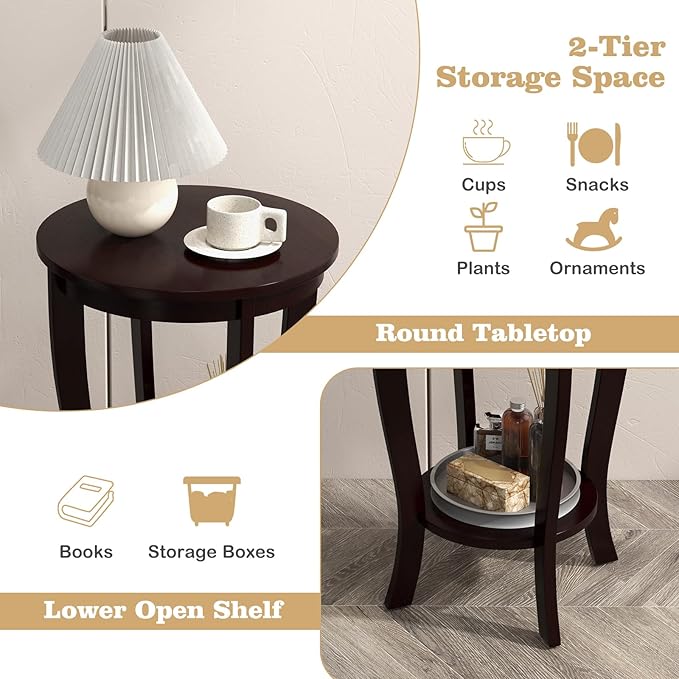 Giantex Round End Table, 2 Tier Side Table with Storage Shelf, Retro Nightstand with Solid Wood Legs, 18" x 18" Accent Table for Corner Small Spaces, Night Stand for Living Room Bedroom, Espresso