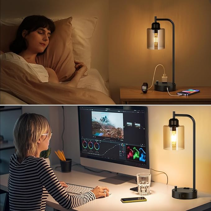 Industrial Bedside Lamps for Nightstand Set of 2 - Fully Dimmable Bedroom Lamps with USB A C Ports and Outlet, Black Table Lamps with Amber Glass Shade for Living Room, Desk Lamps for Office Reading