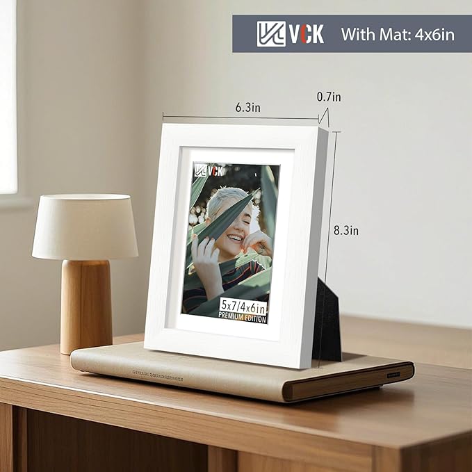 VCK 5x7 White Picture Frame, Wooden Frames Set of 2 with HD Glass, For 4x6 Photos with Mat or 5x7 without Mat, Table Display and Wall Hanging