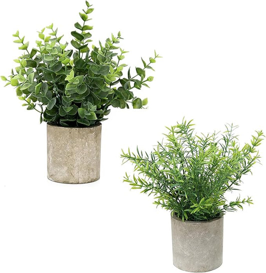Flojery 2 Pack Small Fake Plants Faux Eucalyptus Potted Artificial Plants for Home Indoor Office Bathroom Dining Room Coffee Table Décor