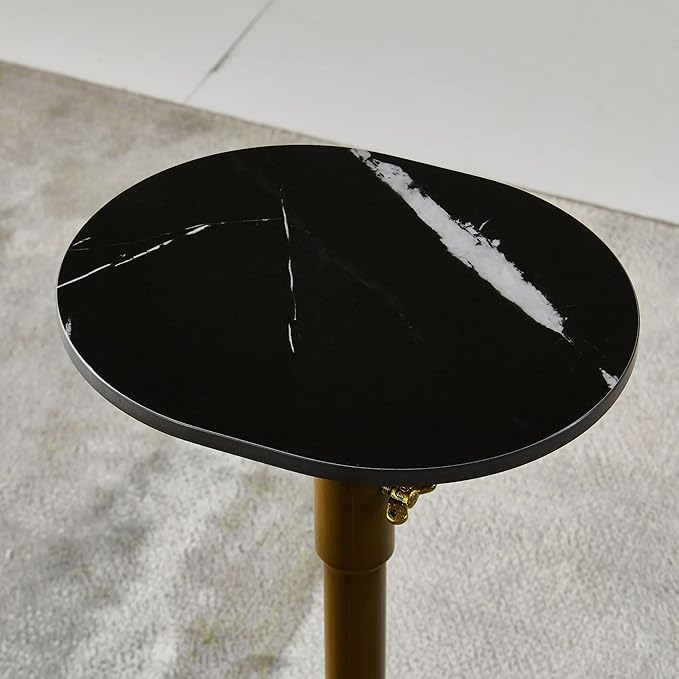 Adjustable-Height Drink Table, Marble Pedestal Side Table, Modern Round End Table, Cocktail Accent Table with Metal Brass Base, Small Side Table for Small Spaces (Black)