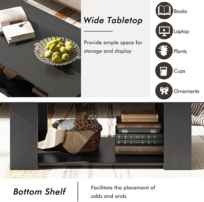 Tangkula 2-Tier Coffee Table, Modern Rectangular Center Cocktail Table with 5 Support Legs, Wooden Accent Living Room Furniture, Small Coffee Table for Small Spaces, Easy Assembly (Black)