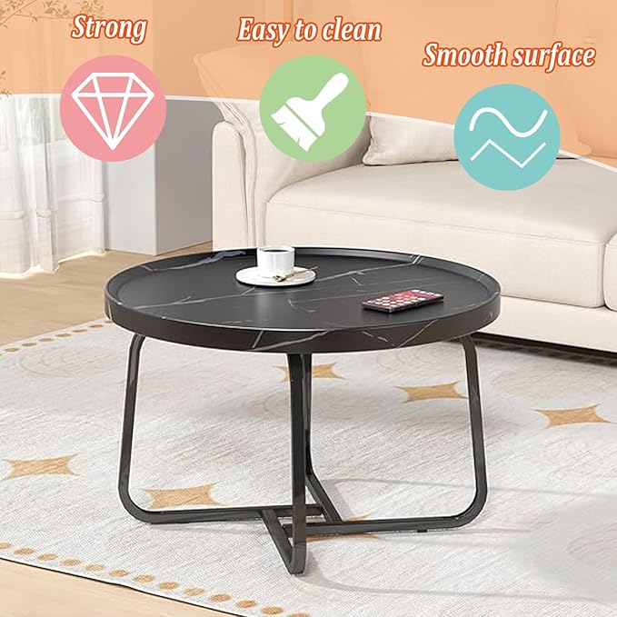Round Coffee Table, 20 inch Circle Coffee Table with Fluted & Sturdy Metal Legs, Small End Table Center Table for Living Room Bedroom Office Balcony Yard (Black, 20 inches)