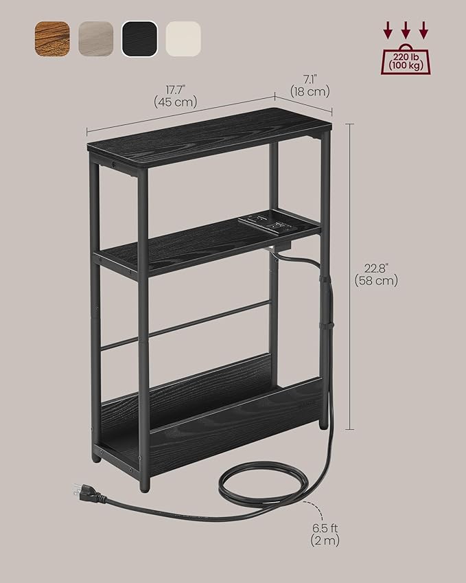 VASAGLE Side Tables with Charging Station, Set of 2 Narrow End Tables, 3-Tier Nightstands, Sofa Tables for Small Spaces, for Living Room, Bedroom, Study, Ebony Black and Ink Black ULCT664B01