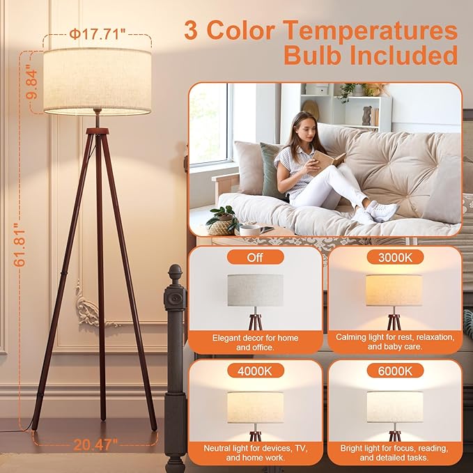 LiteHistory Wood Tripod Floor Lamps for Bedroom, Living Room, and Office, Corner lamp with Beige Linen Shade, 12W Three-Color Bulb Included, Pull Chain Switch, Gifts for mom for Home Decor, Walnut