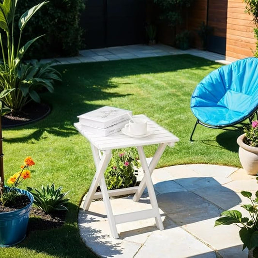 Small Side Table Square Folding, Patio Foldable Wooden End Table for Outdoor Indoor Porch Camping Living Room Bedroom, as Coffee Table or Plant Stand, White