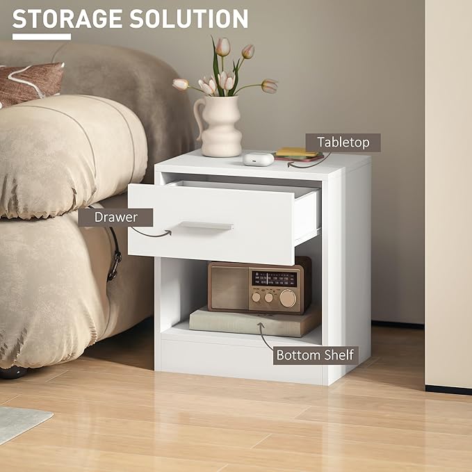 HOMCOM Modern Side Table, Accent Table with Drawer and Storage Shelf, End Table for Living Room, White Wood Grain