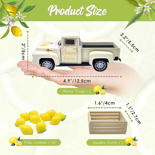 Lemon Decor Vintage Truck Decor with Mini Faux Lemons and Wooden Crate Summer Tiered Tray Decor Lemon Decorations for Home Desk Shelf Farmhouse Kitchen Centerpieces for Tables- Cream