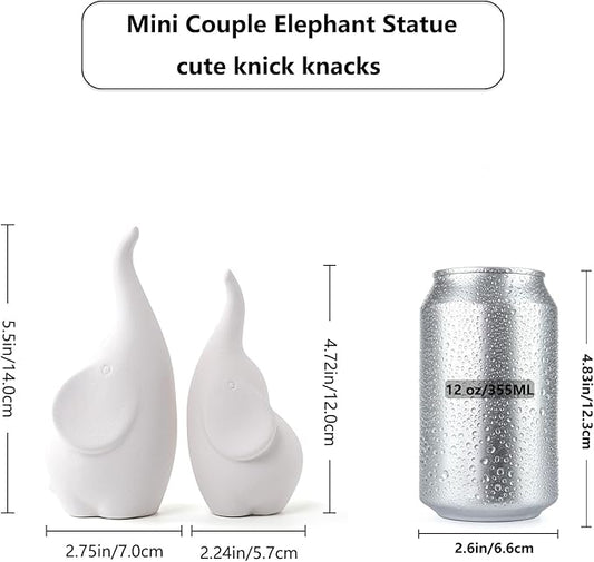 Ceramic Elephant Figurines with Trunk Up, Pair Couples Loving Elephant Statue, Small Figurines Sculpture African Home Decor, Valentine Elephants Gifts for Women, Wedding Knick Knacks（White）