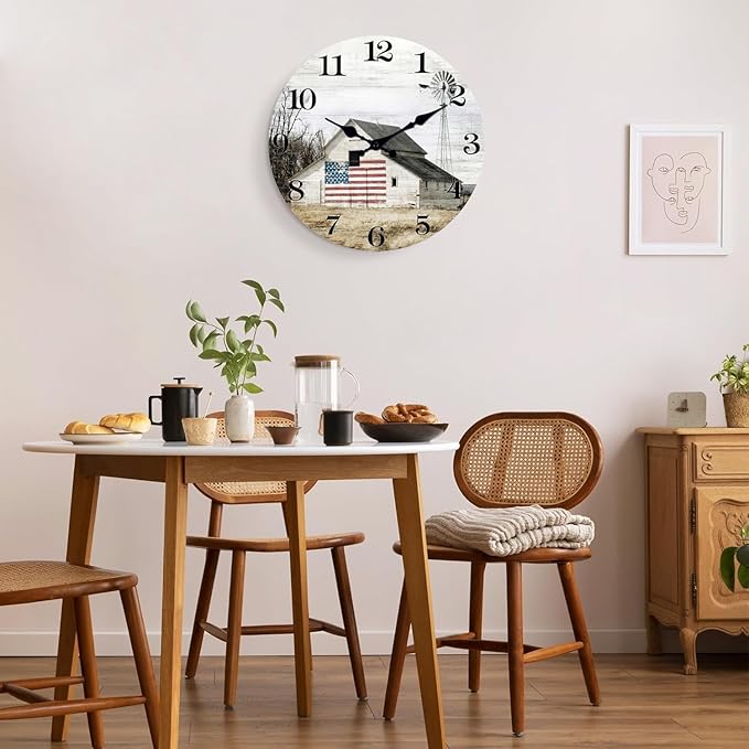 XFM Farmhouse Wall Clock 12 Inch Silent Non-Ticking Battery Operated Rustic Barn Wooden Clocks Country Round Clock for Kitchen Bedroom Living Room