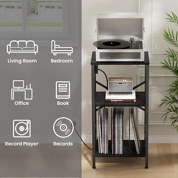 Record Player Stand with Charging Station, 3-Tier Side Table with LED Light, End Table Nightstand for Vinyl Storage, Tall Beside Tables Turntable Stand Living Room, Bedroom, Black