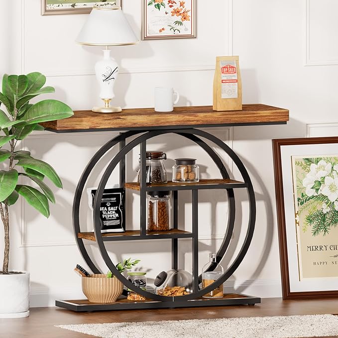 Console Tables for Entryway, 4-Tier Industrial Narrow Wood Sofa Table, Entryway Table with Storage Shelves for Living Room (Without Outlet & LED)