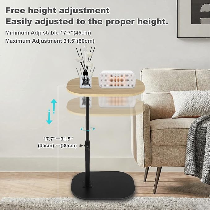 Side Table TV Tray for Couch,Height Adjustable 360° Swivel C Shaped End Table for Small Spaces,Bedside Bathroom Living Room(Original Wood)