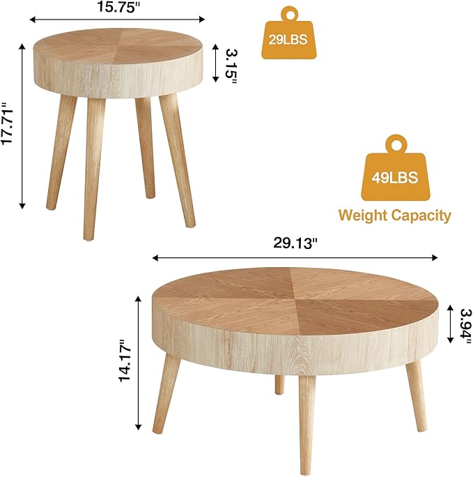 AVZEAR Nesting Round Coffee Table Set of 2, Farmhouse Modern Coffee Table, Natural Wood Nesting Tables Boho Side Table End Table Set for Living Room Bedroom, Cafe, Office, Wood Color