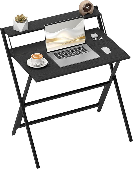 HOMCOM Small Folding Desk, 32 Inch Foldable Computer Desk with Monitor Shelf, Space Saving Portable Writing Table for Small Spaces, Home Office, Study, Easy Assembly, Black