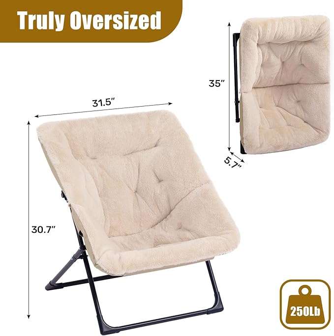 HollyHOME X-Large Saucer Chair, Comfy Oversized Folding Chair, Faux-Fur Reading Chair for Teens, Adults, Foldable Accent Lazy Chair, Metal Lounge Chair for Living Room, Bedroom, Dorm, Light Khaki