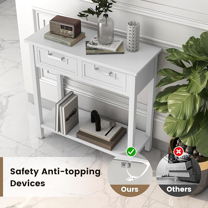 GOFLAME Small Console Table with 2 Drawers, 31” Entry Table with Storage Shelf, Modern, Narrow Sofa Table for Living Room, Hallway, Entrance (White)