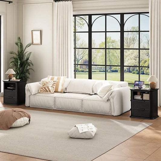 22'' Fluted Nightstand with Charging Station Set of 2, Modern End Table with 2 Drawers and Open Storage, Wood Night Stand with Round Corner, Side Table for Bedroom, Living Room, Curved Profile,Black