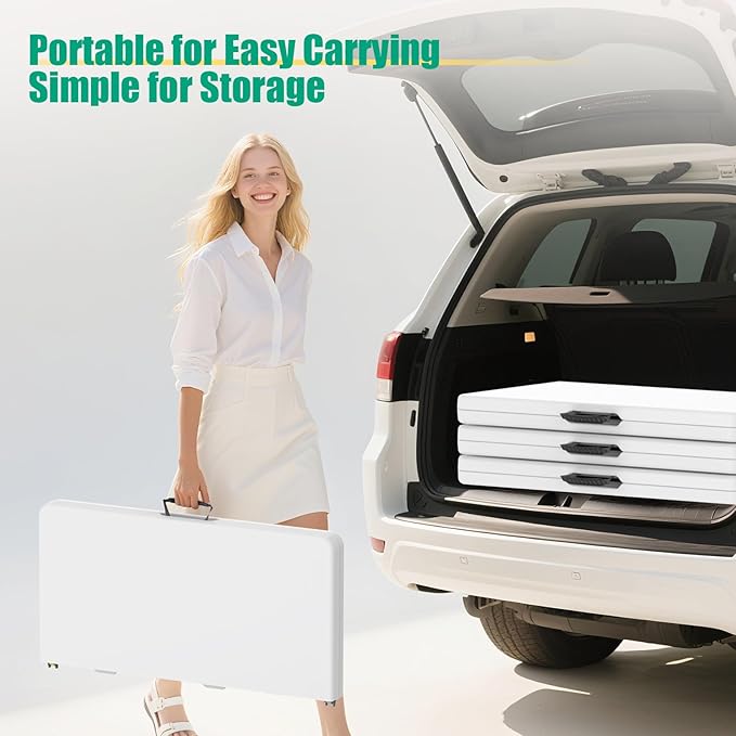 HLPB 34'' Square Folding Card Table 2 Pcs, Fold-in-Half Portable Dining Table with Handle and Safety Lock, Foldable Plastic Dining Table Indoor Outdoor for Camping, Picnic and Party Event, White