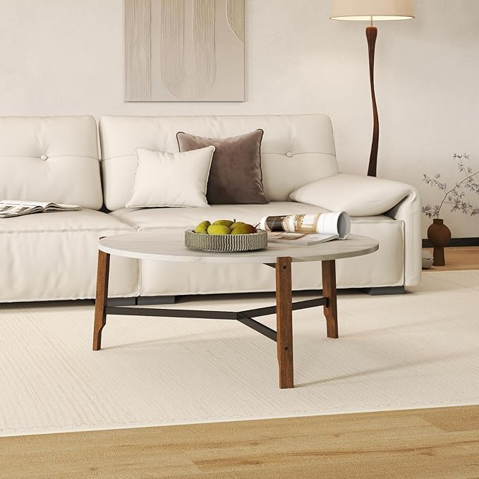 Modern Round Coffee Table, 36’’ Wide Wooden Side Table Mid-Century End Table with Wood Legs Metal Support for Living Room Bedroom, White