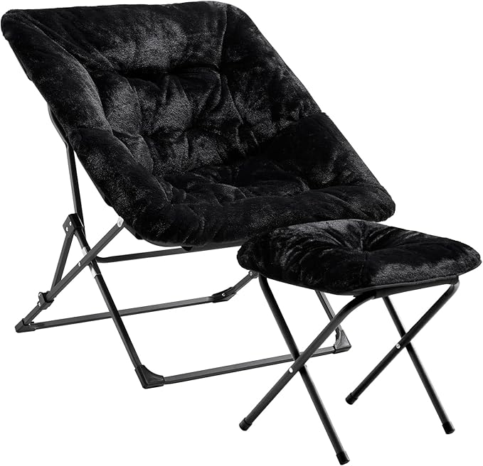 OAKHAM Comfy Chair for Adults, Soft Faux Fur Folding Lounge for Bedroom Living Room Dorm Rooms Flexible Reading Chair for Teens Kids, X-Large Foldable (Ottoman-Black)