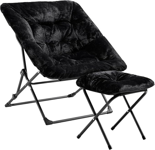 OAKHAM Comfy Chair for Adults, Soft Faux Fur Folding Lounge for Bedroom Living Room Dorm Rooms Flexible Reading Chair for Teens Kids, X-Large Foldable (Ottoman-Black)