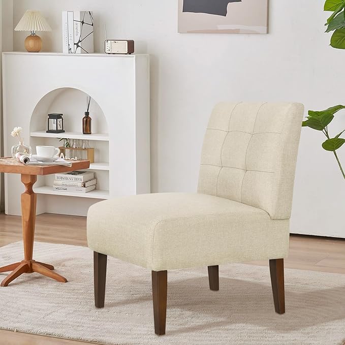 Slipper Accent Chair Modern Armless Lounge Chair with Wood Legs Upholstered Makeup Vanity Tufted Side Chair Fabric Comfy with Decor Back for Living Room Bedroom Patio (Pin Back, Beige)