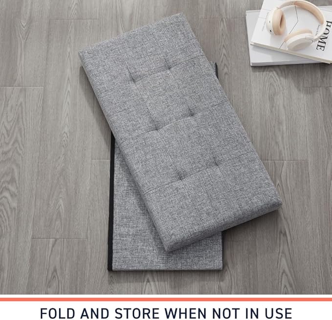 Ornavo Home Foldable Tufted Linen Large Storage Ottoman Bench Foot Rest Stool/Seat - 15" x 30" x 15" (Grey)