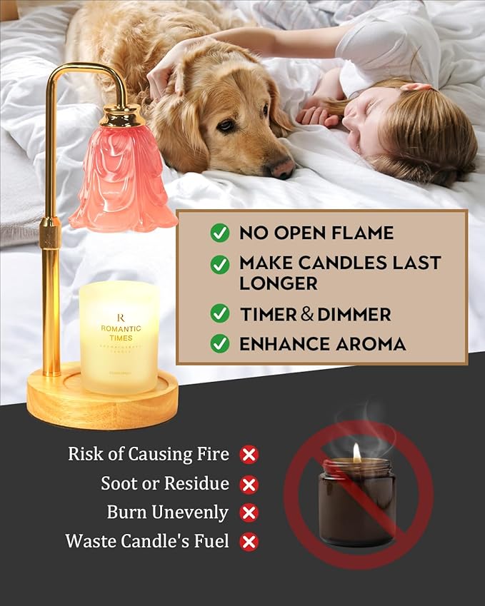 Small Candle Warmer Lamp with Timer, Adjustable Pink Flower Candle Heat Lamp, Unique Women's Gifts for Birthday, Dimmable Candles Heater, Christmas Gifts, Fashion Wax Warming Light with Wood Base