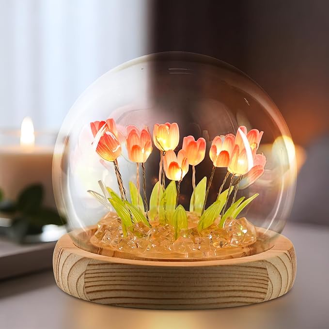 ONXE Birthday Christmas Flower Gifts for Women,Tulips Night Light Small Glass Flower Lamp with Wooden Base for Home Decor Romantic Unique Gift for Girlfriend Mom Sister Grandma Wife Her