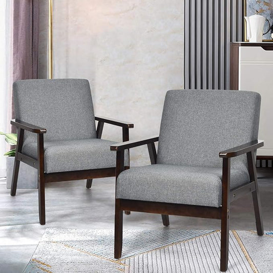 Giantex Set of 2 Mid-Century Modern Accent Chair, Retro Fabric Armchair, Solid Hardwood Made, Upholstered Linen Lounge Arm Chair for Living Room (Dark Grey)